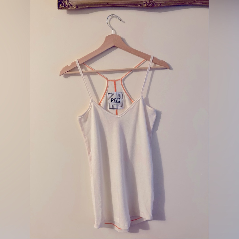 Plenty PGD White Ribbed Racerback Tank Top with Orange Stitching Summer Small